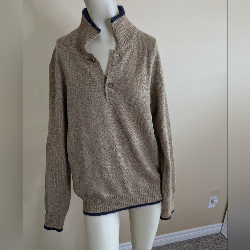 Givenchy Beige Pullover Sweater with Navy Trim. Quarter Button Mohair and wool